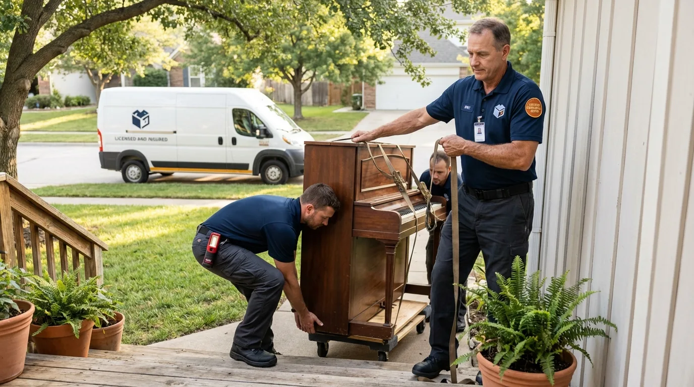 Licensed piano movers securing grand piano in Cordova, AK