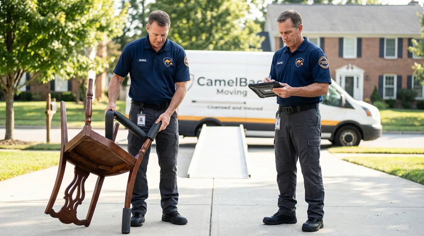 Movers inspecting furniture for damage prevention before loading in Cordova, AK