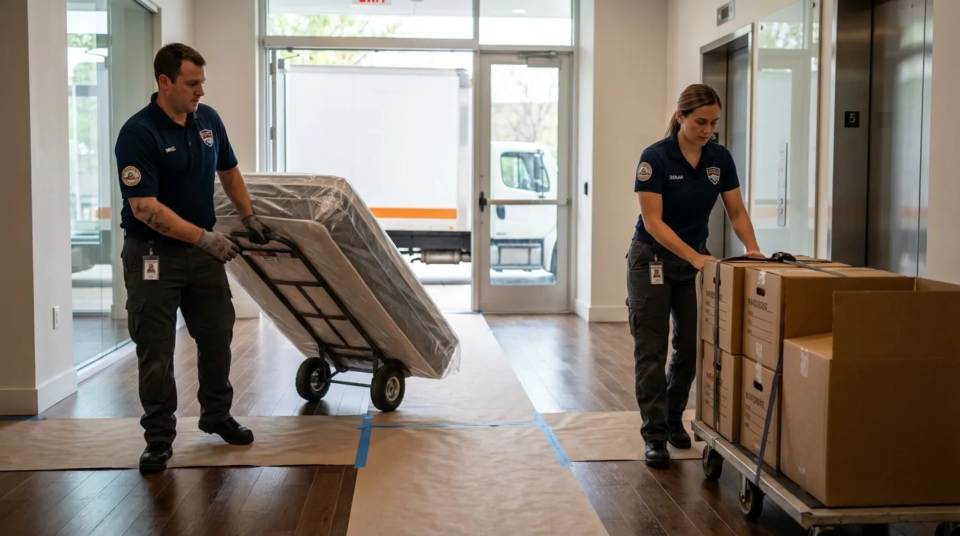 Professional apartment movers loading elevator in Cordova, AK